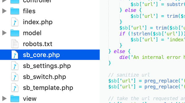 Screenshot of switchboard php framework code